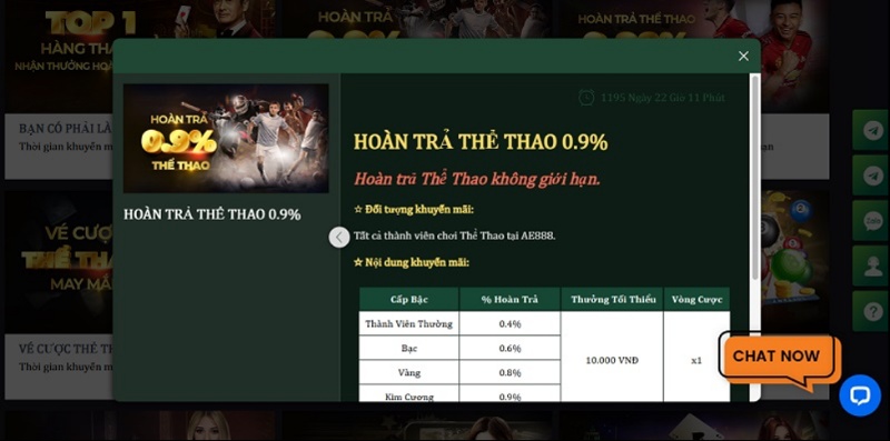 Hoàn trả tiền mặt tại nhà cái Ae888